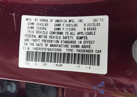 2016 Honda Accord Ex-L V-6 from USA, damaged, VIN 1HGCR3F87GA000696